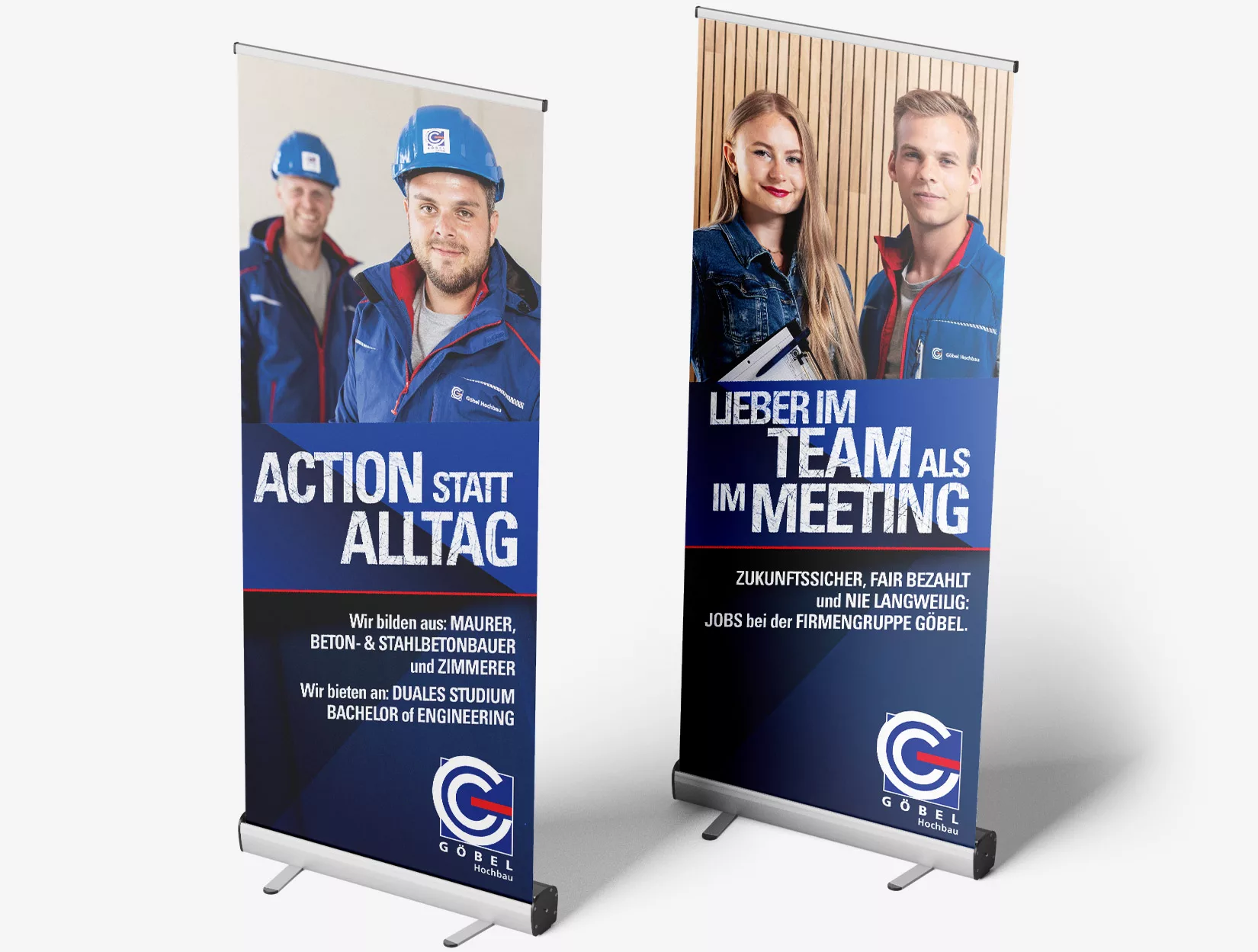 Zwei Roll-Ups mit Firmengruppe Göbel Mitarbeitern mit den Texten "Action statt Alltag" und "Lieber im Team als im Meeting".