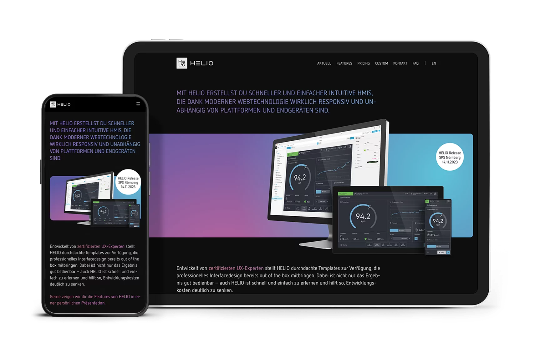Tablet und Smartphone Bildschirme mit der Webseite von Helio