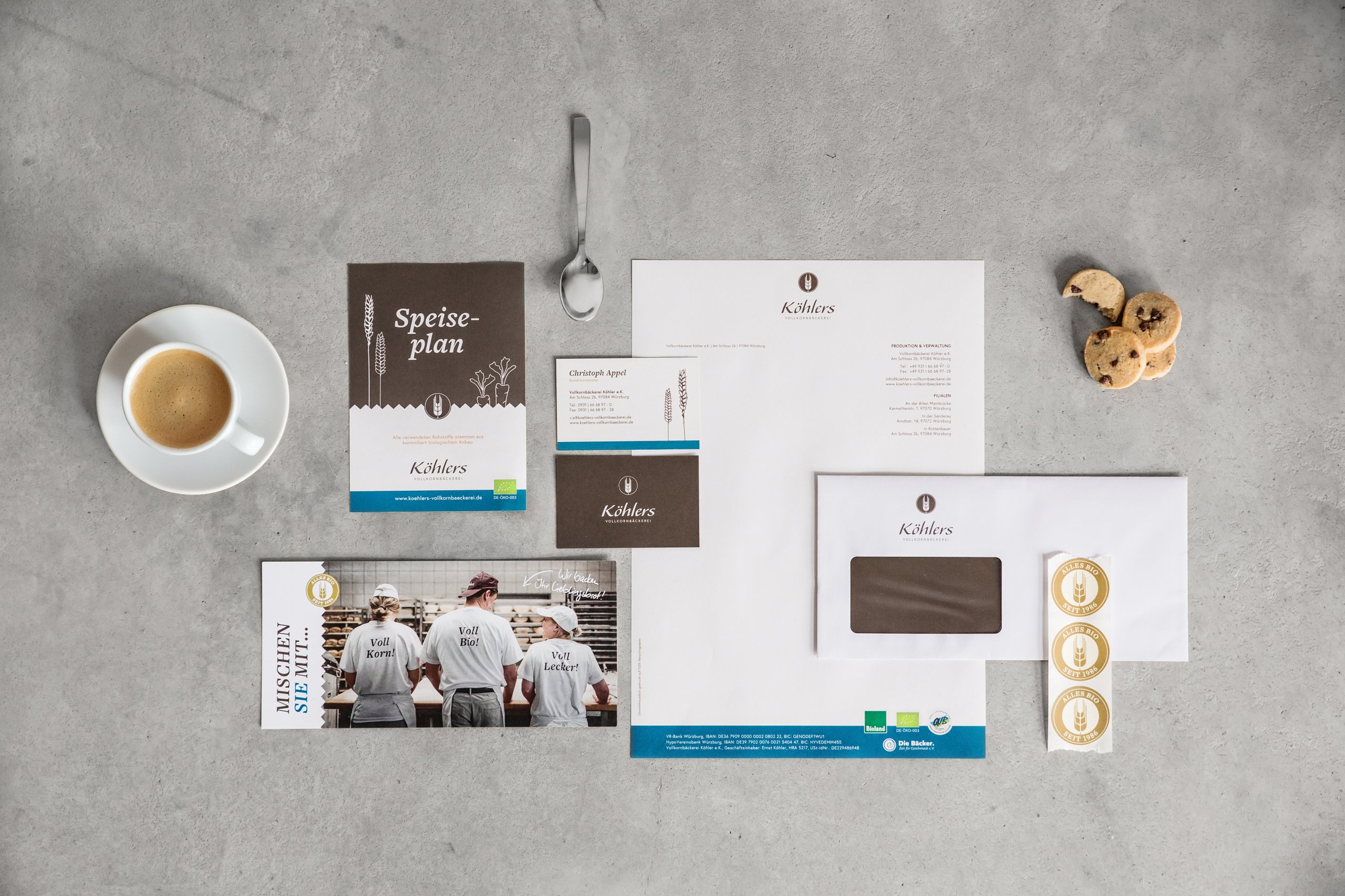 Corporate Design für die Vollkornbäckerei Köhler, inklusive Briefpapier, Visitenkarte, Briefumschlag und Flyer