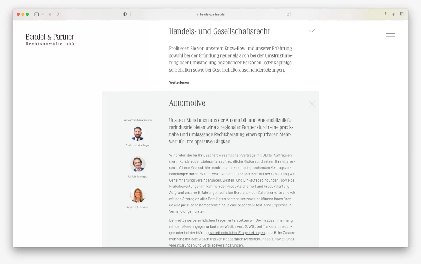 Ausschnitt der Webseite von Bendel und Partner