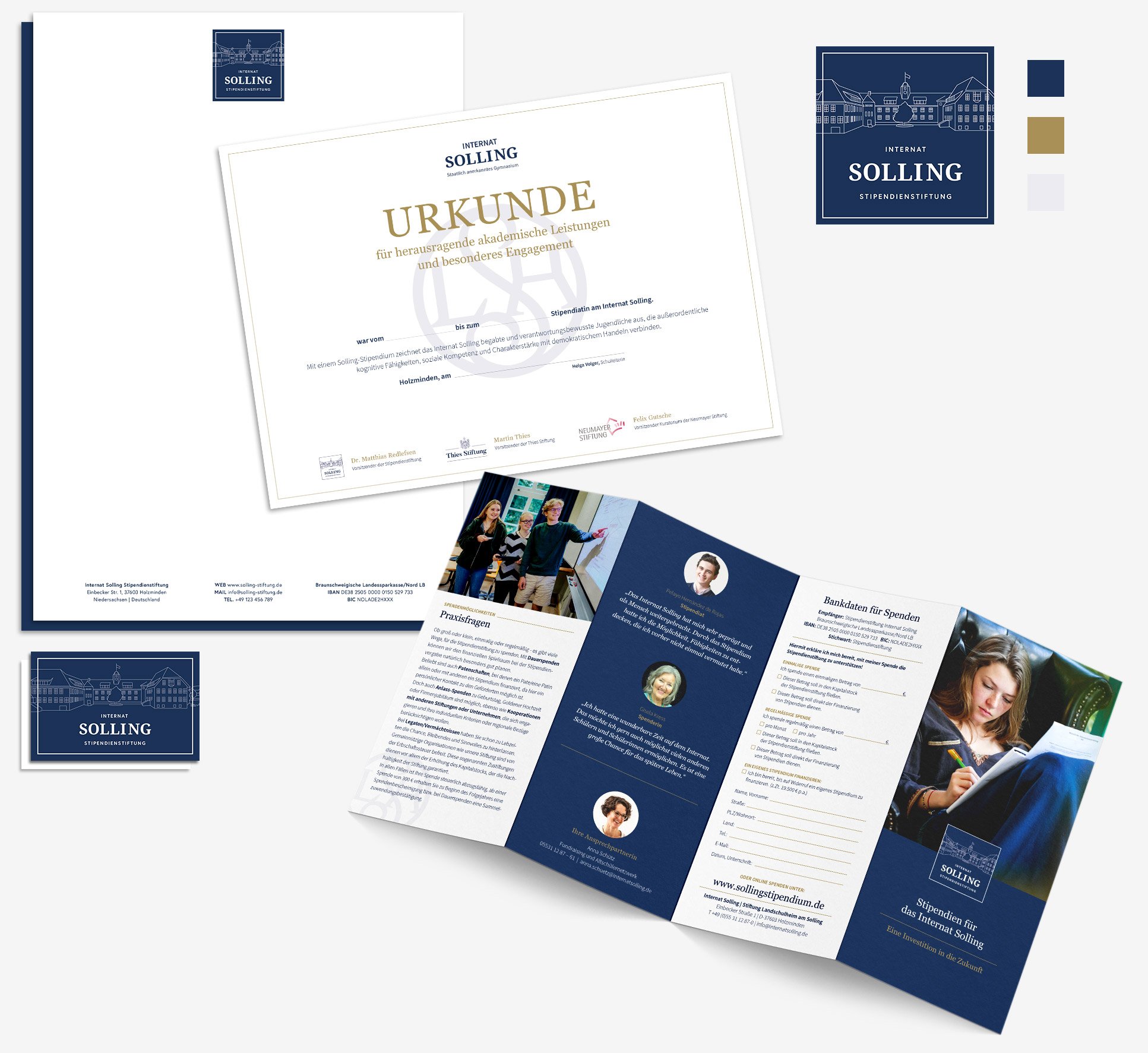 Corporate Design der Internat Solling Stipendienstiftung, inklusive Briefpapier, Urkunde, Visitenkarte, Logo, Farben und Flyer