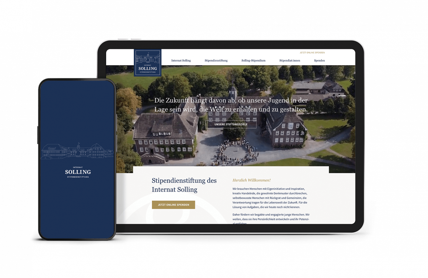 Smartphone und Tablet zeigen Webseite von Internat Solling Stipendienstiftung
