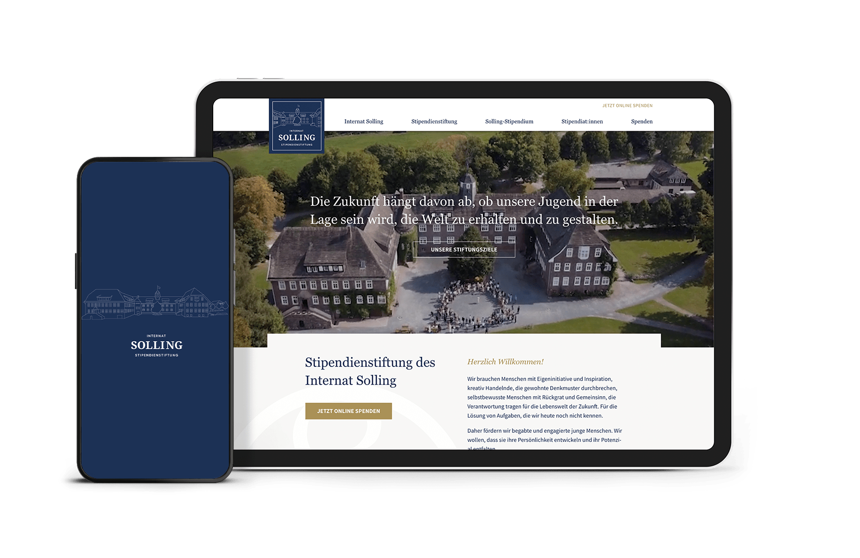 Smartphone und Tablet zeigen Webseite von Internat Solling Stipendienstiftung