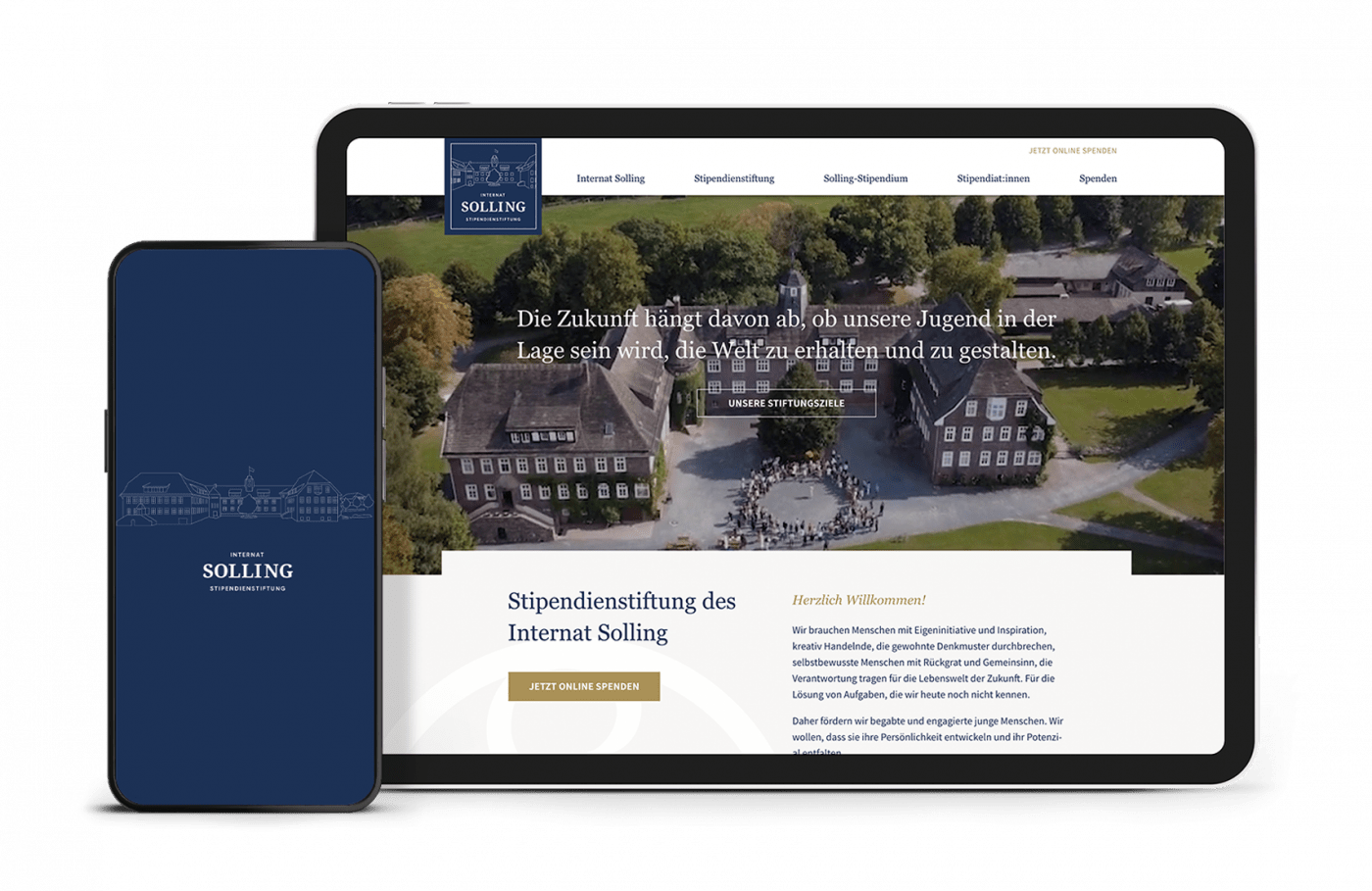 Smartphone und Tablet zeigen Webseite von Internat Solling Stipendienstiftung