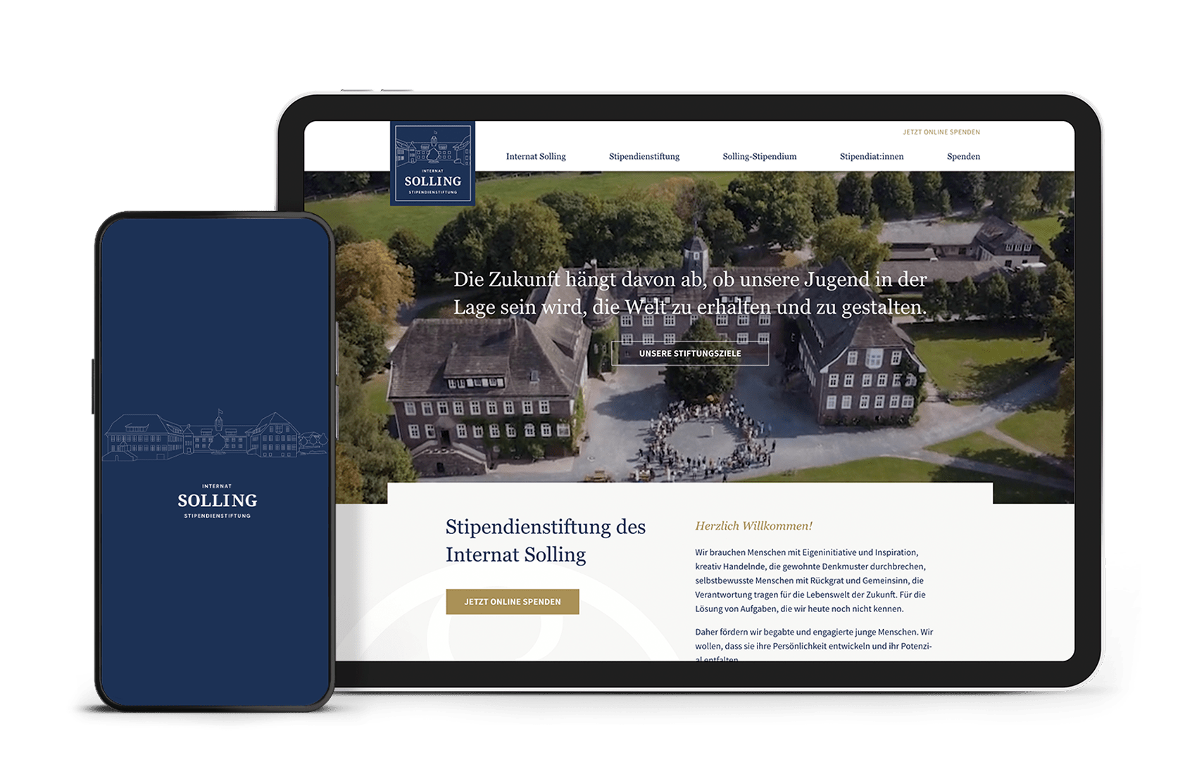 Smartphone und Tablet zeigen Webseite von Internat Solling Stipendienstiftung