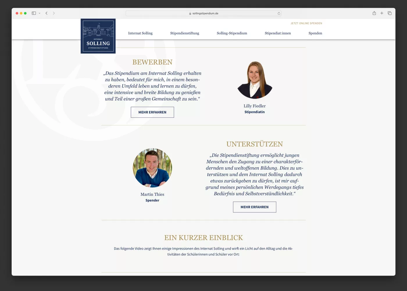 Ausschnitt der Webseite von Internat Solling Stipendienstiftung