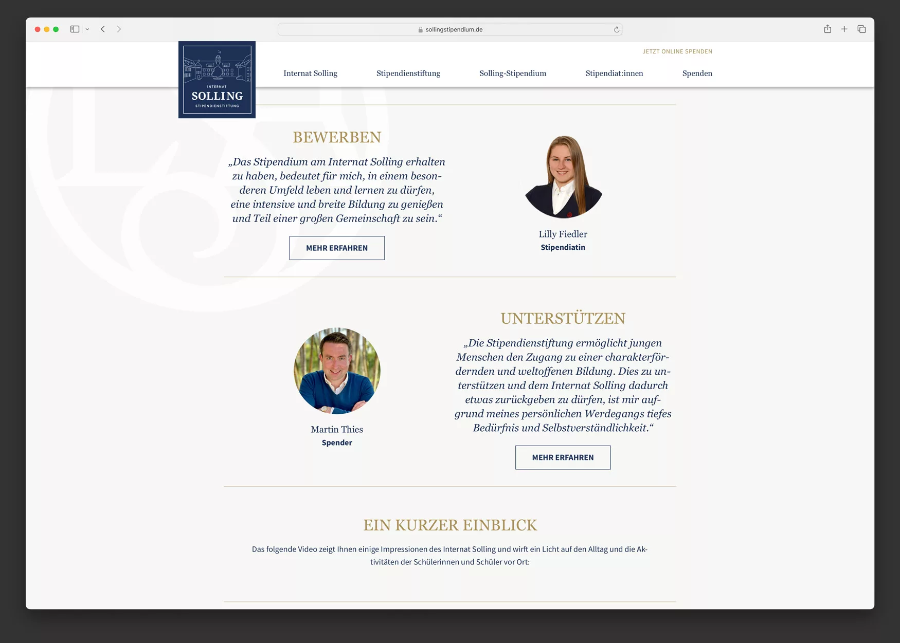 Ausschnitt der Webseite von Internat Solling Stipendienstiftung