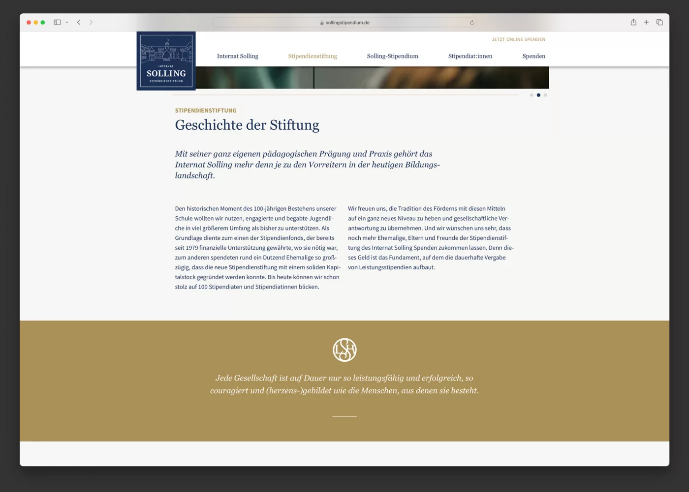 Ausschnitt der Webseite von Internat Solling Stipendienstiftung