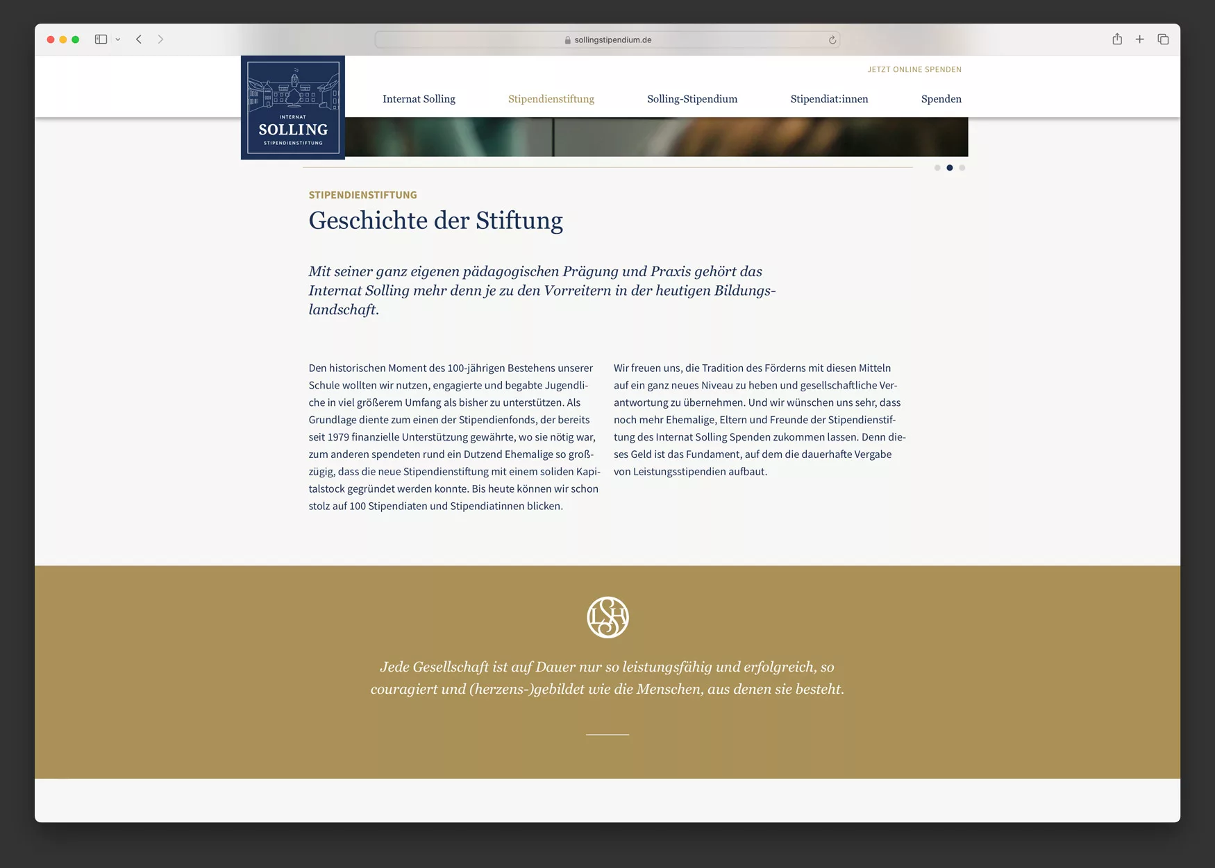 Ausschnitt der Webseite von Internat Solling Stipendienstiftung