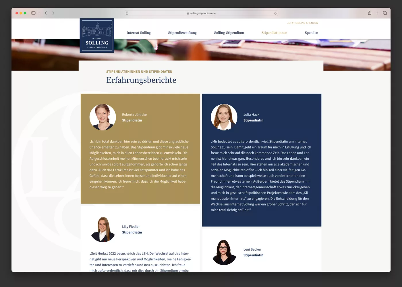 Ausschnitt der Webseite von Internat Solling Stipendienstiftung