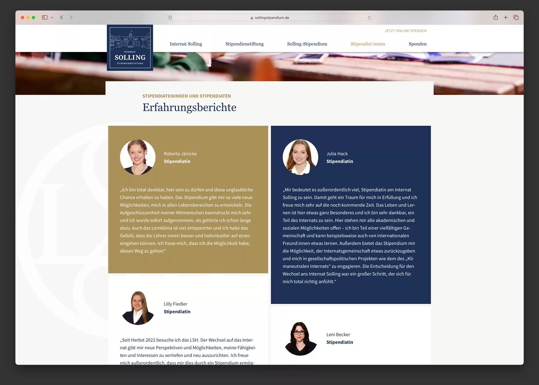 Ausschnitt der Webseite von Internat Solling Stipendienstiftung