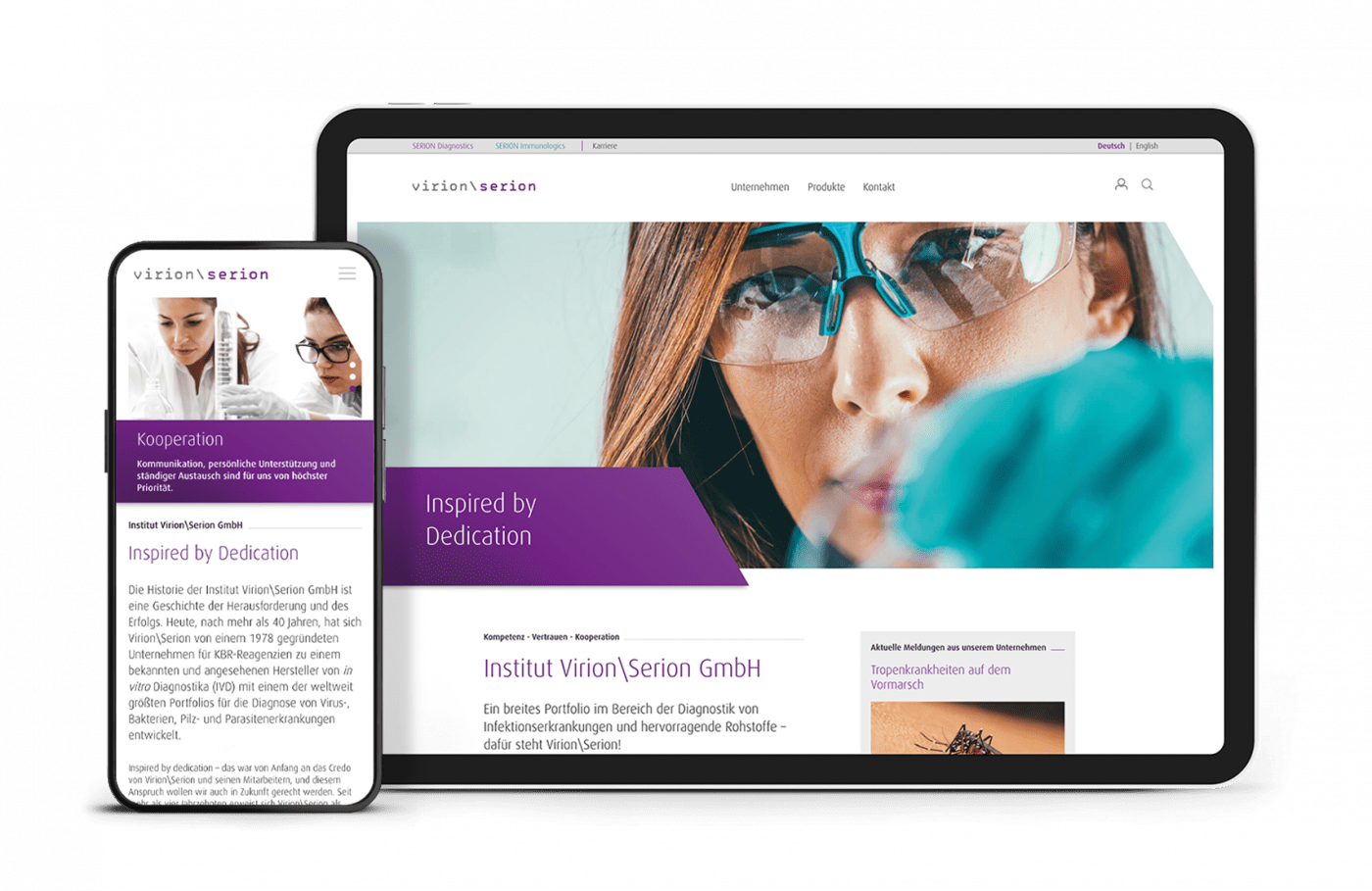 Smartphone und Tablet zeigen Webseite von Virion Serion.