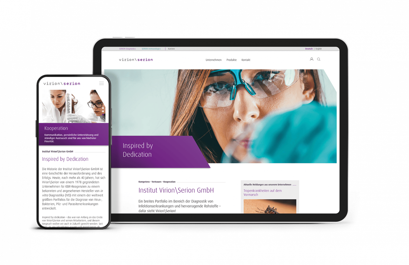 Smartphone und Tablet zeigen Webseite von Virion Serion.