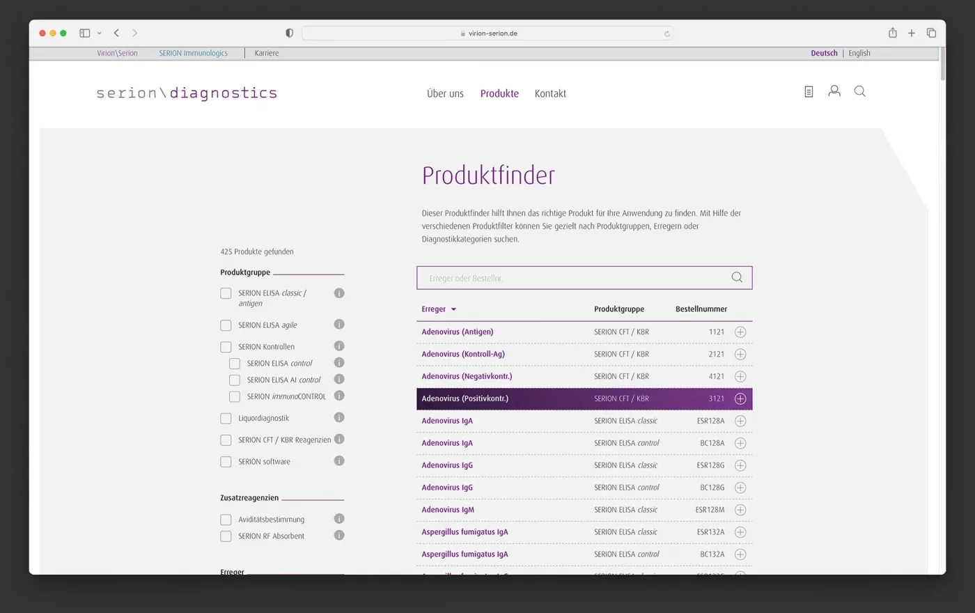 Ausschnitt von Webseite von Virion Serion