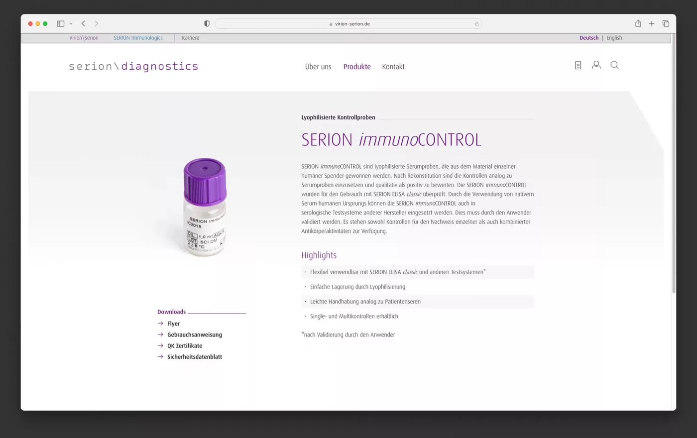 Ausschnitt von Webseite von Virion Serion