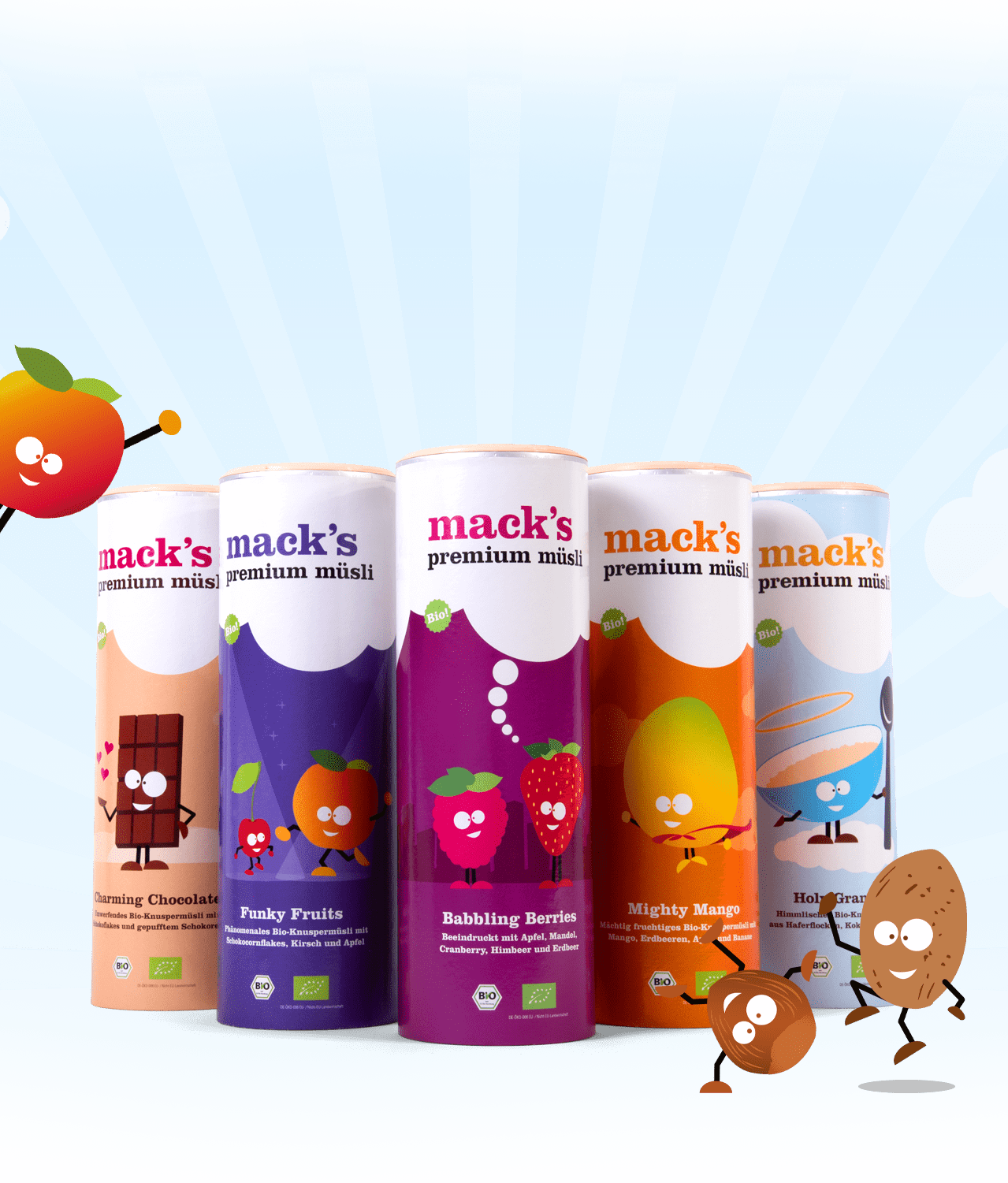 Fünf verschiedene Dosen Macks Müsli