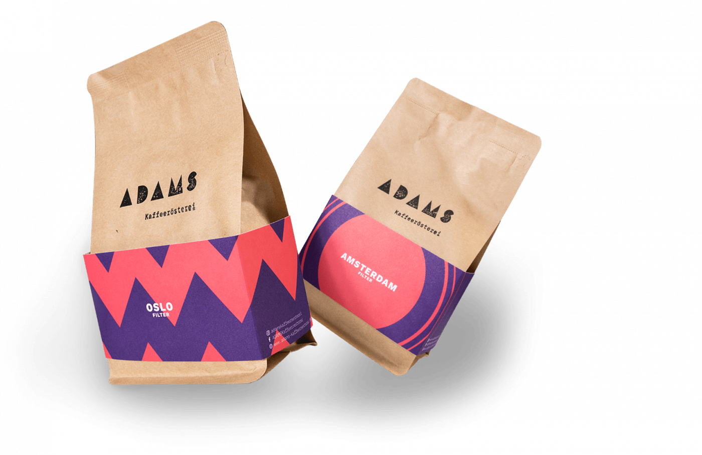 Zwei Kaffee-Packungen von Adams Kaffeerösterei