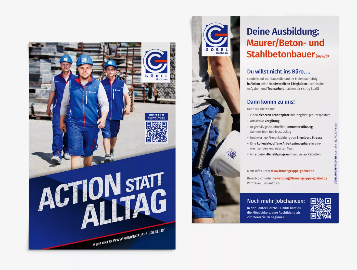 Vorder- und Rückseite eines Flyers mit Firmengruppe Göbel Mitarbeitern, dem Text "Action statt Alltag" und einer Ausbildungsanzeige zum Maurer/Beton- und Stahlbetonbauer