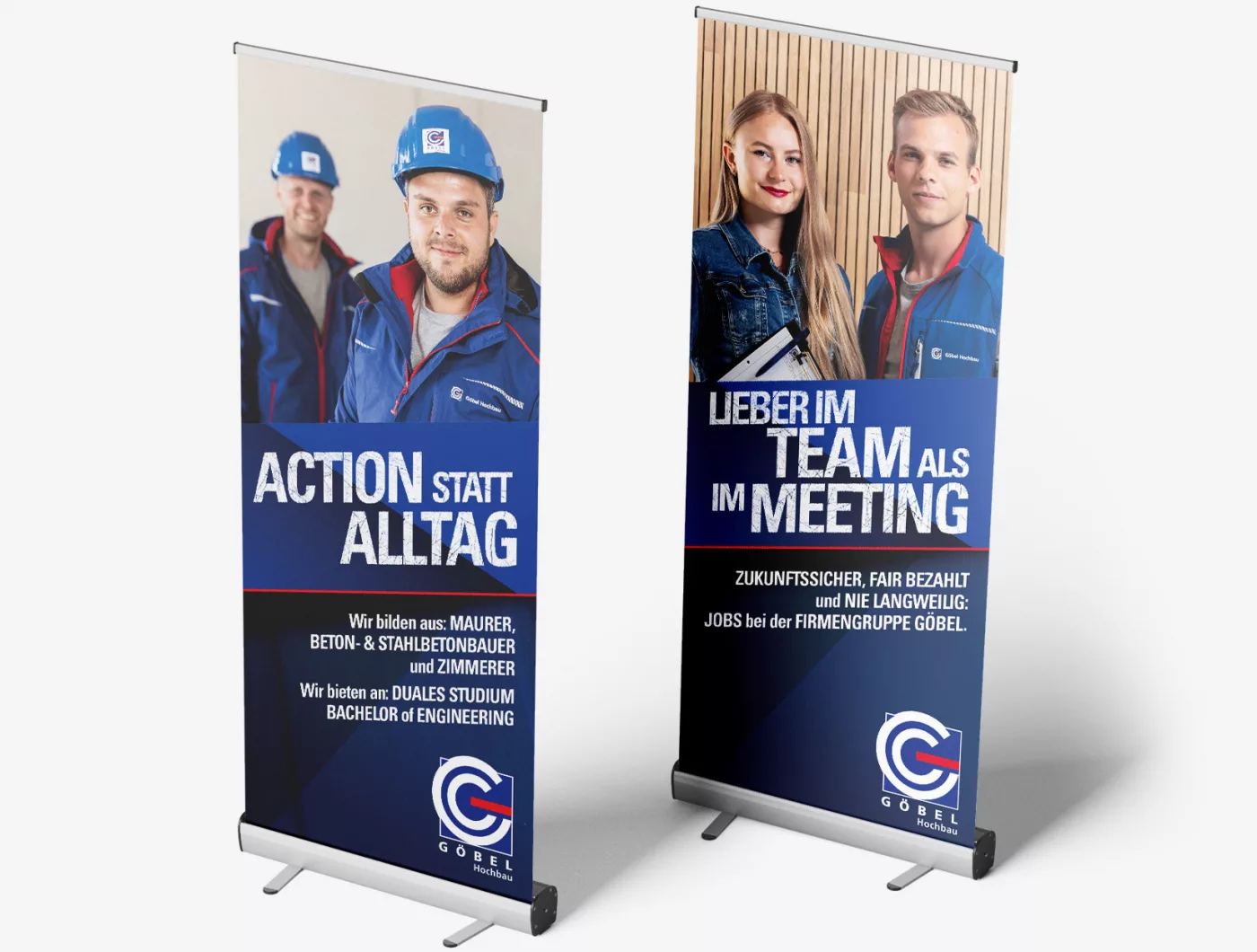 Zwei Roll-Ups mit Firmengruppe Göbel Mitarbeitern mit den Texten "Action statt Alltag" und "Lieber im Team als im Meeting".