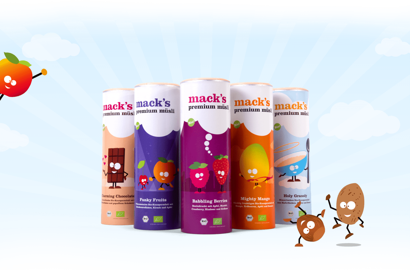 Fünf verschiedene Dosen Macks Müsli