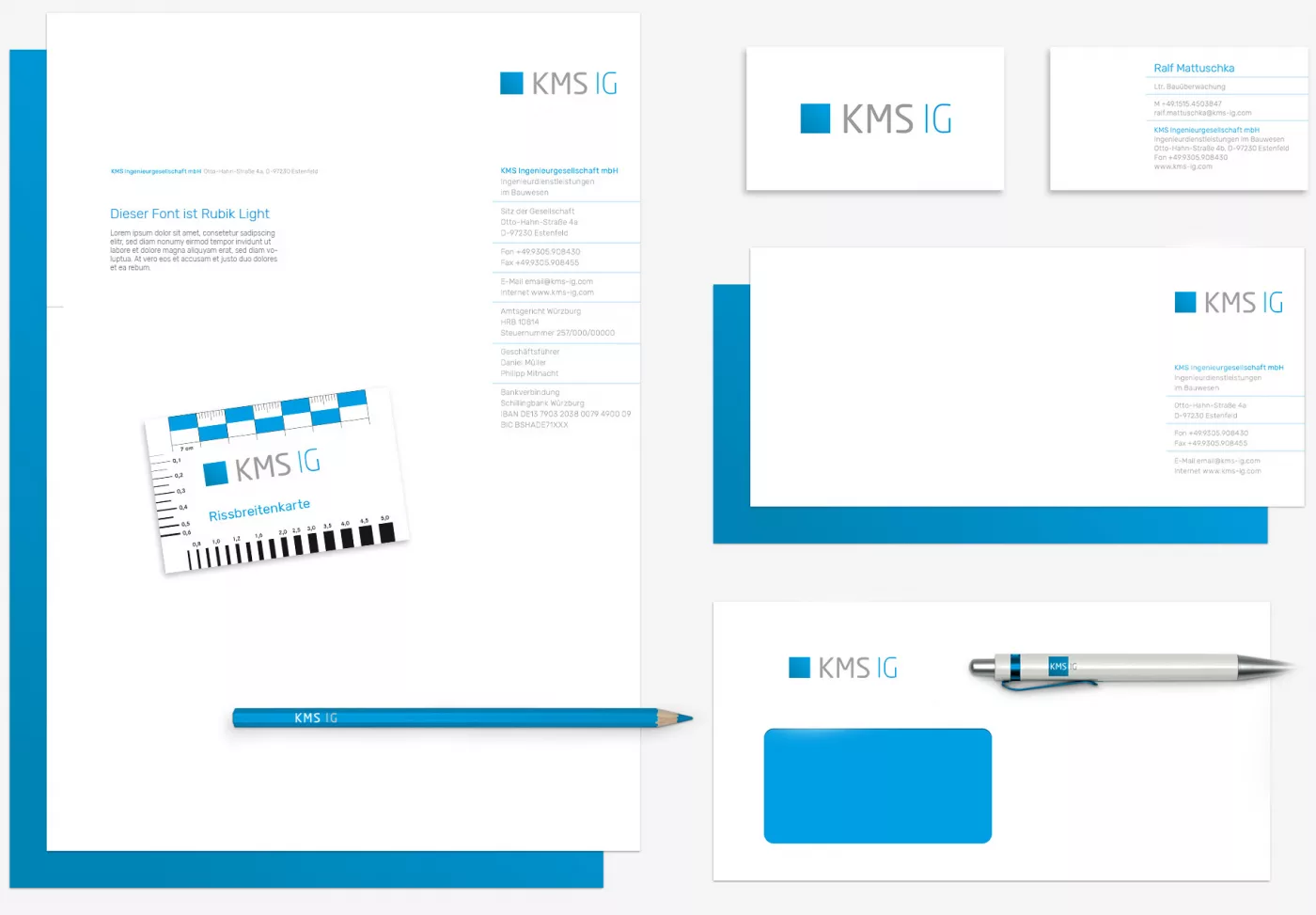 Corporate Design für KMS, inklusive Briefpapier, Visitenkarte, Briefumschlag, Rissbreitenkarte, Grußkarte und Kulli
