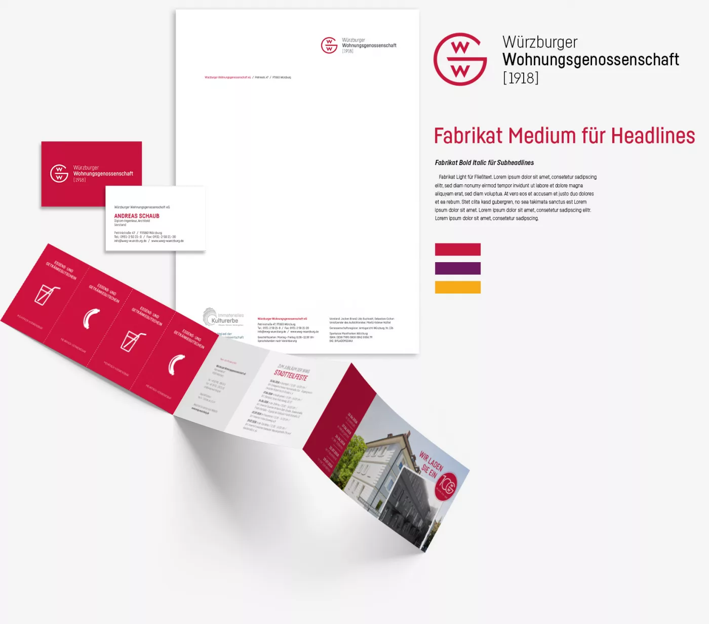 Corporate Design für die WWG, inklusive Logo, Schrift, Visitenkarte, Briefpapier und Flyer