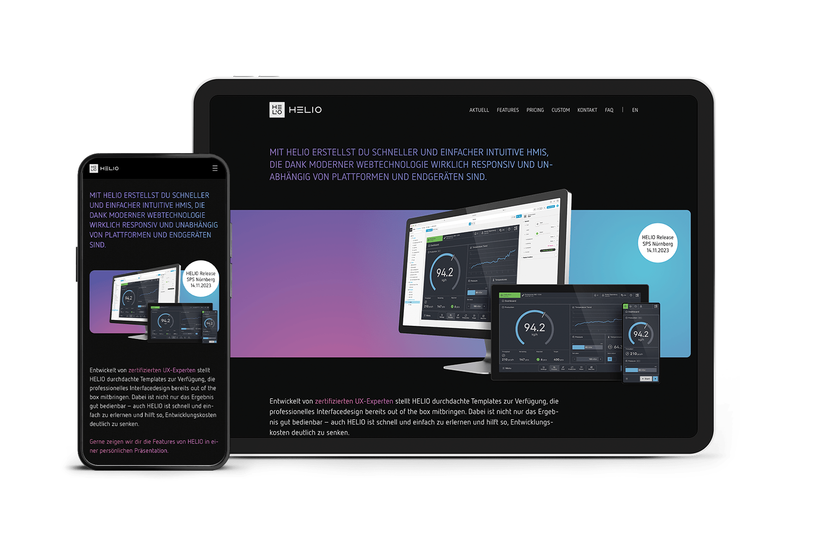 Tablet und Smartphone Bildschirme mit der Webseite von Helio