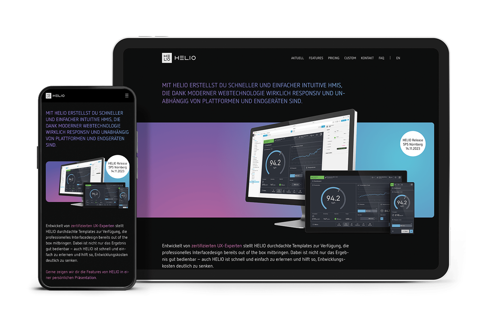 Tablet und Smartphone Bildschirme mit der Webseite von Helio