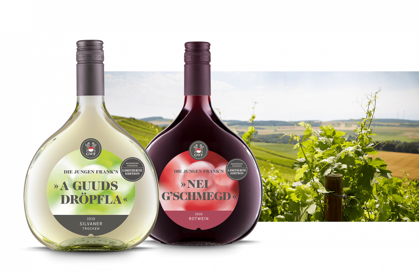 Silvaner und Rotwein in Bocksbeutel von der Winzergemeinschaft Franken