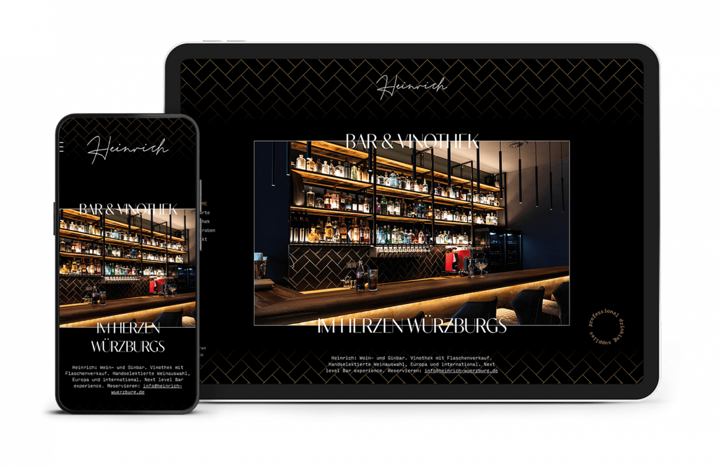 Smartphone und Tablet zeigen die Webseite von Heinrich Bar und Vinothek