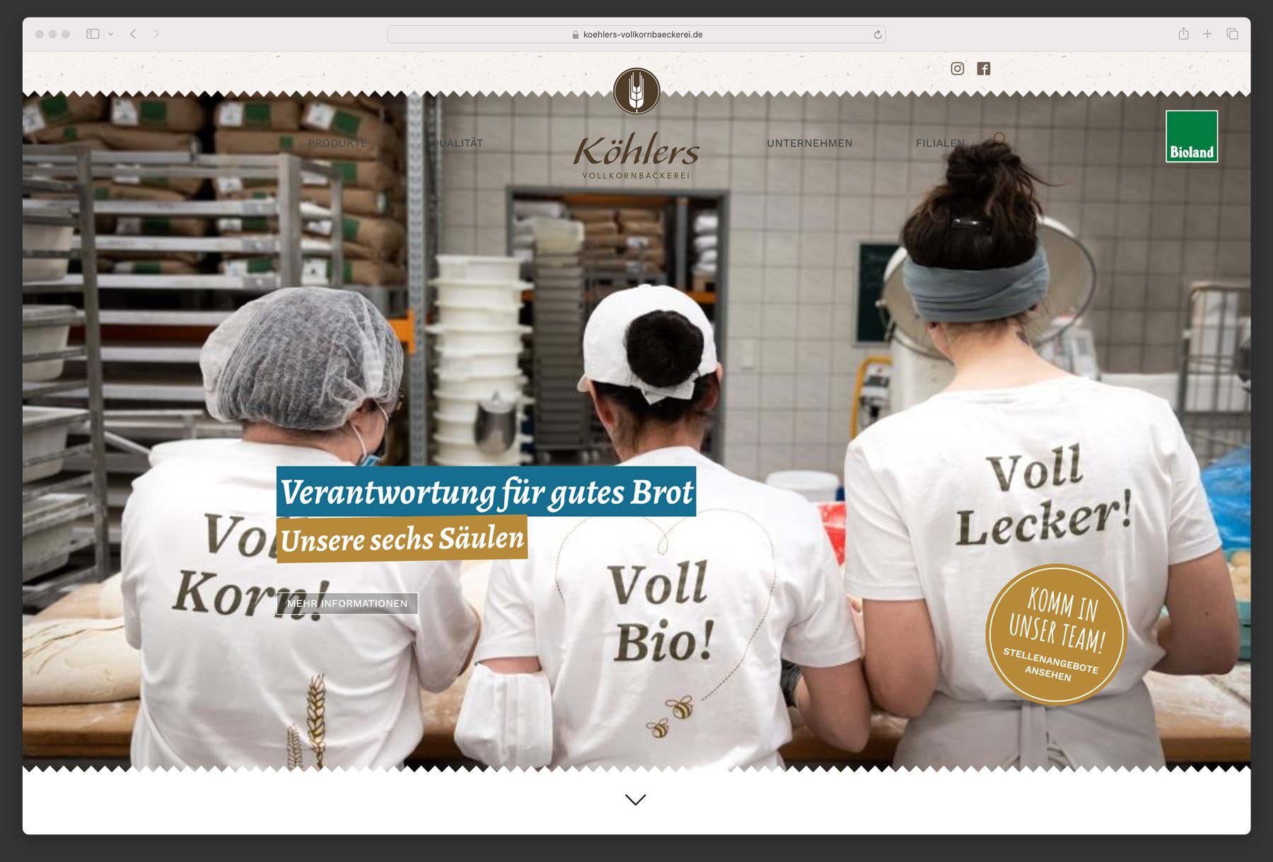Ausschnitt der Webseite Vollkornbäckerei Köhler