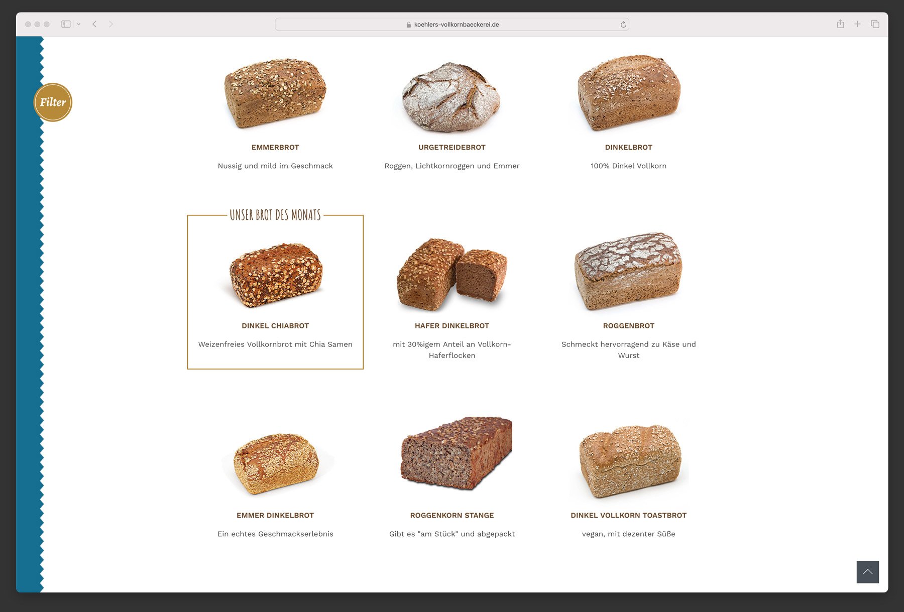 Ausschnitt der Webseite Vollkornbäckerei Köhler