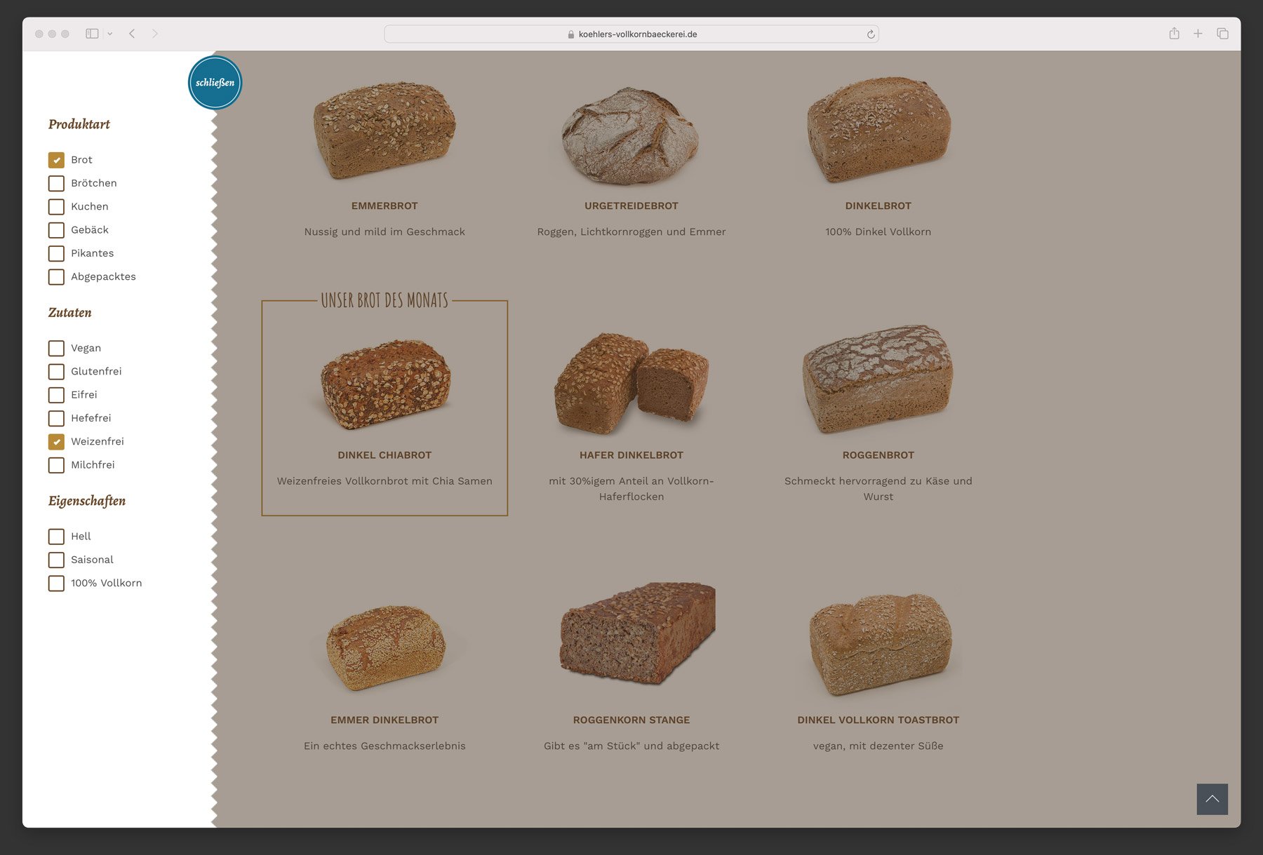 Ausschnitt der Webseite Vollkornbäckerei Köhler